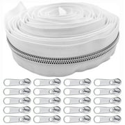 Goyunwell #5 White Zippers Tape 10 Yards Nylon Coil Long Tape by The Yard 20 pcs Silver Zipper Pulls for Sewing Purses Bags Craft