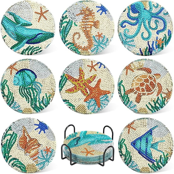 Goyunwell 8Pcs Ocean Diamond Art Painting Coasters Kits with Holder Diamond Art Non Slip Coaster Kits DIY with Holder Crafts for Adults Diamond Art Painting Kits Supplies for Christmas Gift