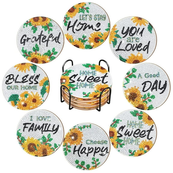 Goyunwell 8Pcs Sunflowers Diamond Art Painting Coasters Kits with Holder Diamond Art Non Slip Coaster Kits DIY with Holder Crafts for Adults Diamond Art Painting Kits Supplies for Christmas Gift