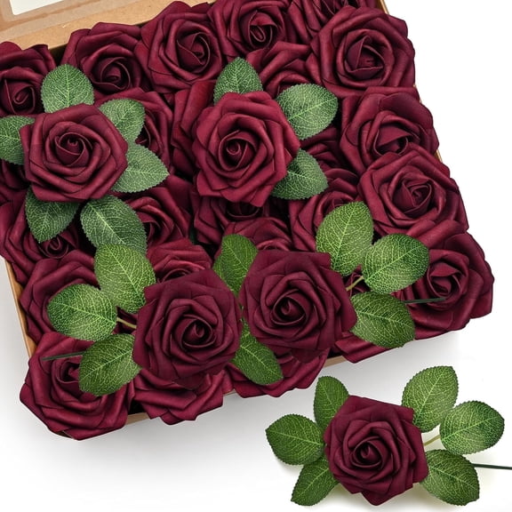 Goyunwell Artificial Flowers 25pcs Real Looking Dark Red Foam Fake Roses with Stems for DIY Wedding Bouquets Bridal Shower Centerpieces Party Decorations