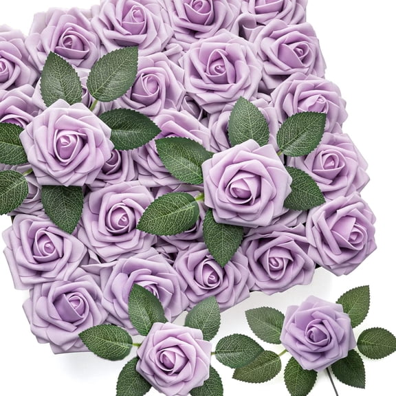 Goyunwell Artificial Flowers 25pcs Real Looking Lilac Foam Fake Roses with Stems for DIY Wedding Bouquets Bridal Shower Centerpieces Floral Arrangements Party Tables Home Decorations