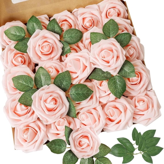Goyunwell Artificial Flowers 25pcs Realistic Peach Pink Foam Fake Roses with Stems for DIY Wedding Bouquets Bridal Shower Centerpieces Floral Arrangements Party Tables Home Decorations