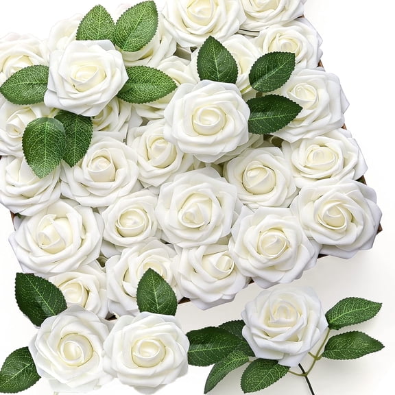 Goyunwell Artificial Flowers 50pcs Real Looking Ivory Foam Fake Roses with Stems for DIY Wedding Bouquets White Baby Shower Centerpieces Floral Arrangements Party Tables Home Decorations