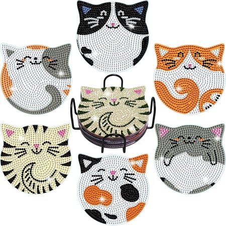 Goyunwell Cat Diamond Art Coasters Kits for Adults with Holder Cork Pads, 6 Pcs Cat DIY Diamond Art Dots Painting Coasters Kits for Adults Beginners