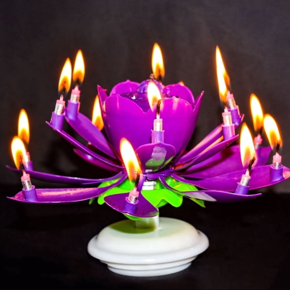 Goyunwell 2 Pieces Flower Lotus Music Rotatable 2-Layer Birthday Candles, Purple,
