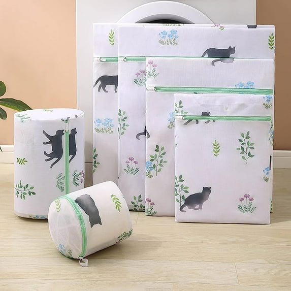 Goyunwell Set of 6 Mesh Laundry Bags Travel Storage Organize Bag Flower Cat Clothing Washing Bags for Laundry Delicates Blouse Bra Hosiery Stocking Lingerie Travel XXL XL L M 2 Cylinder Bags