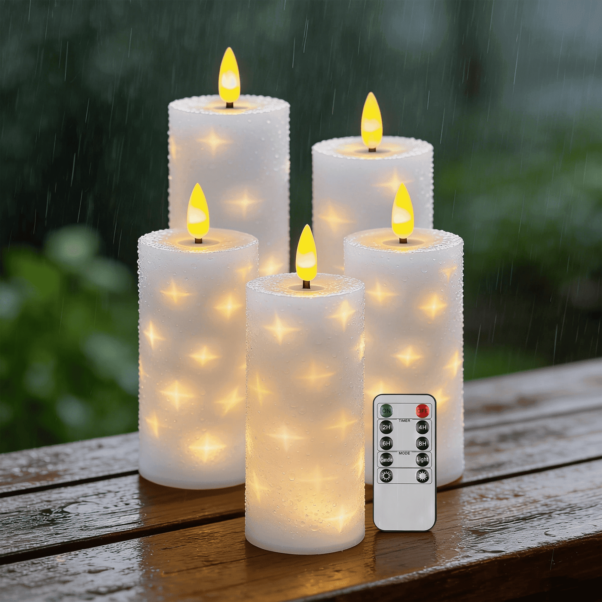 White Simple Strar Goyuon Flameless LED Pillar Candles, Timer Operated, Embedded Star ...