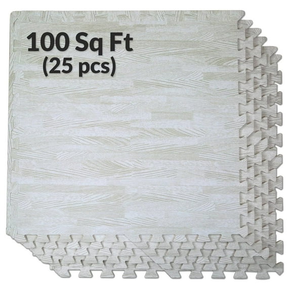 GpLuMy 100 Sq. Ft 3/8 Inch Thick Printed Foam Tiles Interlocking Foam Mat, 24" x 24", 25 pcs, White Wood Grain Protective Flooring, for Home, Gym Exercise or Trade Show