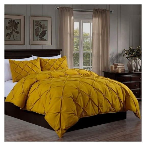GpLuMy Berlin Mustard Yellow Pinch Pleat Comforter Set Queen Size 3-Piece Soft Pintuck Lightweight All Season Microfiber Bedding Set