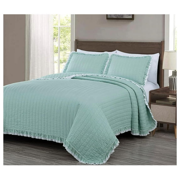 GpLuMy Bonnie 3-Piece 100% Cotton Quilt Set King Size, Aqua - Double Frayed Ruffled Edge Lightweight Pre-Washed Soft-Finished Cotton Bedspread for All Season