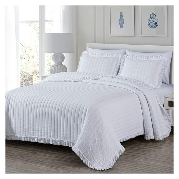 GpLuMy Bonnie 3-Piece 100% Cotton Quilt Set King Size, White - Double Frayed Ruffled Edge Lightweight Pre-Washed Soft-Finished Cotton Bedspread for All Season