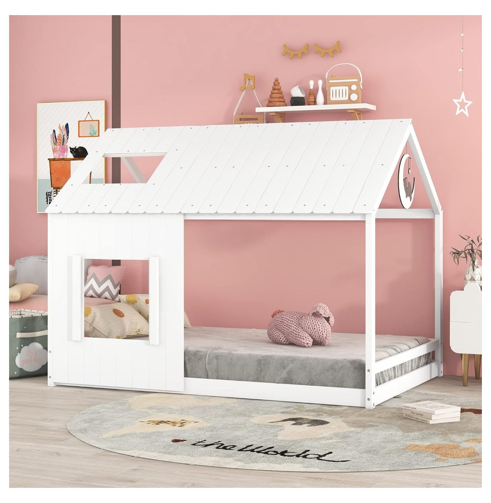 GpLuMy Full Size Kids House Bed, Montessori Floor Bed Full with Roof