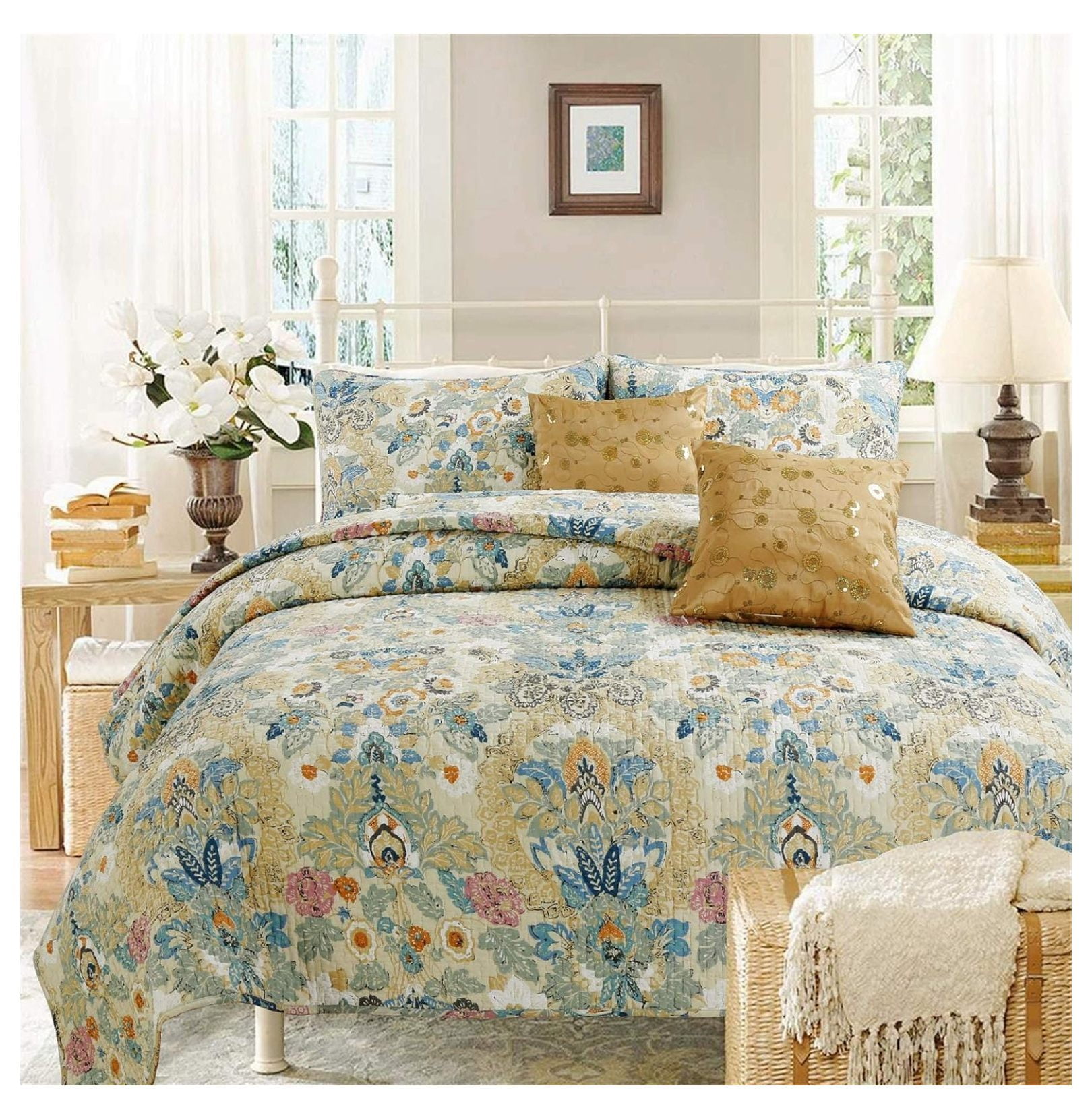 Blue and Beige Floral Cotton Queen Reversible Quilt Set