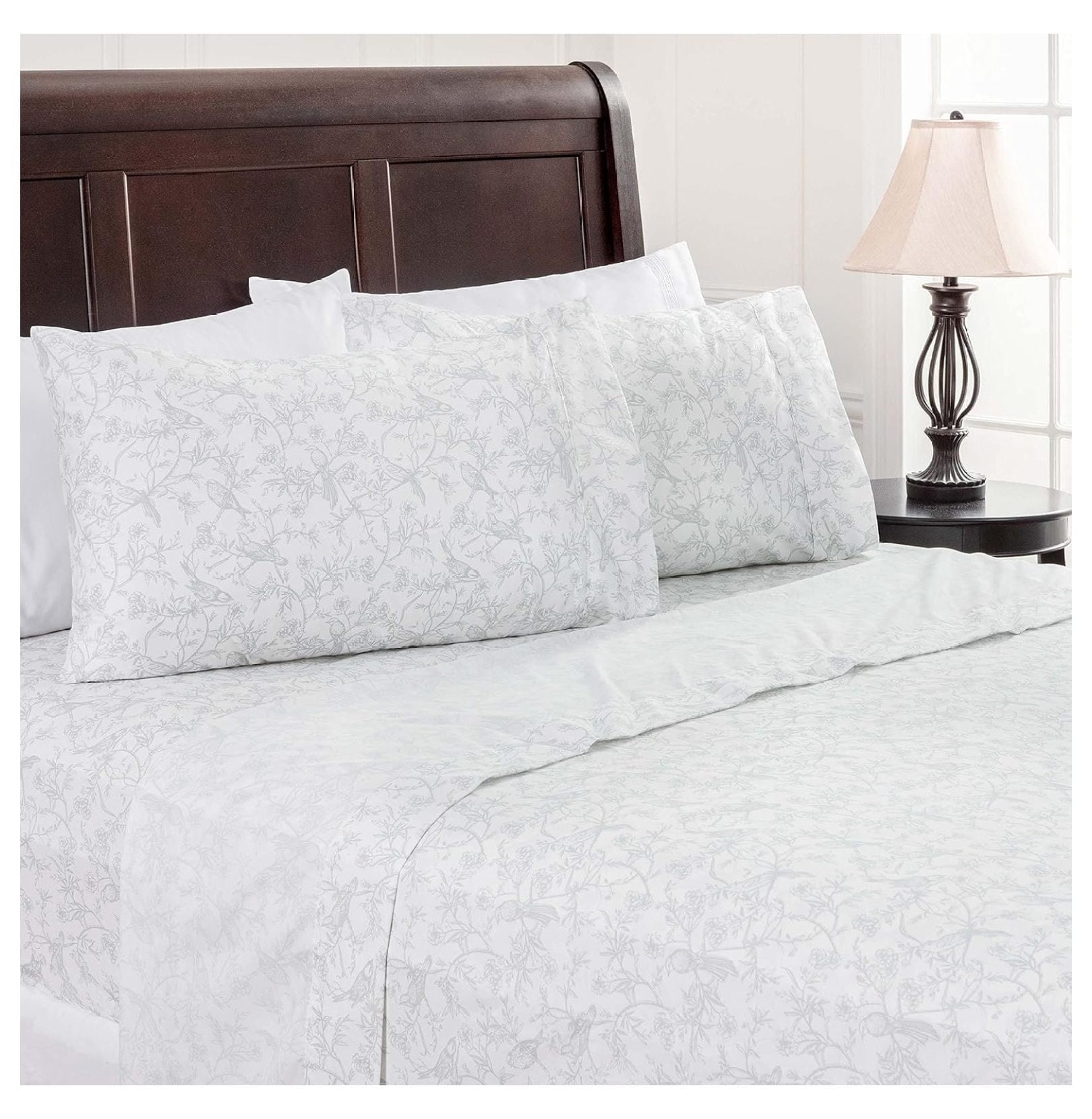 Sage Botanical Birds Print Queen Microfiber Sheet Set