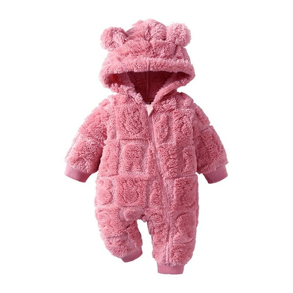 Gpaecead 0-18M Baby Clothes Long Jumpsuit Baby Boys Girls Solid Color Zipper Fleece Hooded Jumpsuit Newborn Pajamas Pink