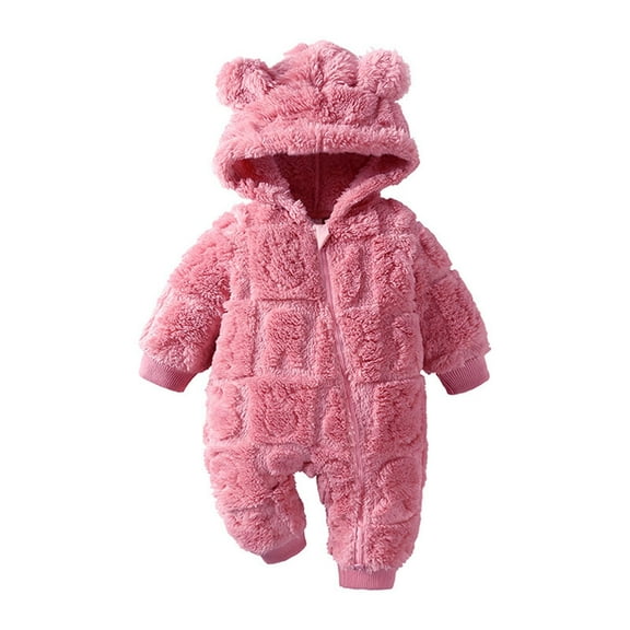 Gpaecead 0-18M Baby Clothes Long Jumpsuit Baby Boys Girls Solid Color Zipper Fleece Hooded Jumpsuit Newborn Pajamas Pink
