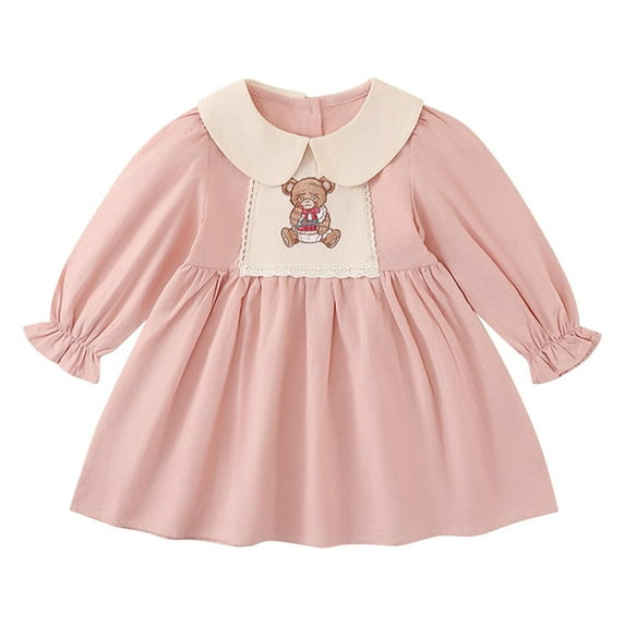 Gpaecead 2-10Y Kids Girls Princess Dress Trendy Embroidered Teddy Bear Lapel Long Sleeve Doll Collar Dress Pink