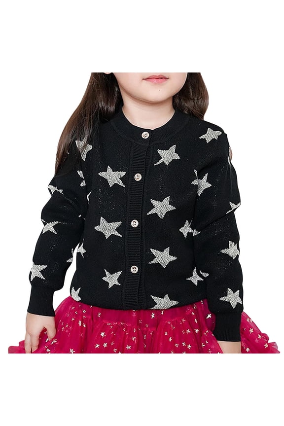 2-12Y Boy Girl Button-Up Crewneck Sweater Cardigan Long Sleeve Cotton Knit Sweater Casual Cute Outerwear Jacket Black