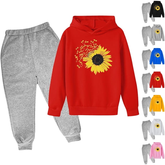 Gpaecead 3-14Y Baby Clothes Girls and Boy Clothes Set Sweatshirts Tops Pants Fall Winter Toddler Outfits Casual Long Sleeve Sunflower Print Tops Hooded Set Orange