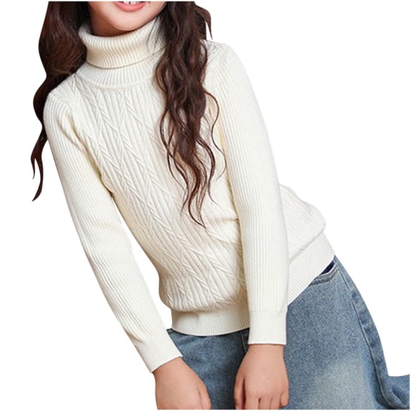 Gpaecead 3-14Y Girls Turtleneck Thermal Tops Solid Color Thick Long Sleeve Casual Baselayer Shirts White