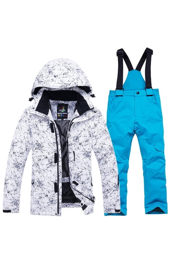 6-14 Years Old Kids Girls Boys Ski Suit Outdoor Windproof Waterproof Warm Cotton Thickened Sky Blue