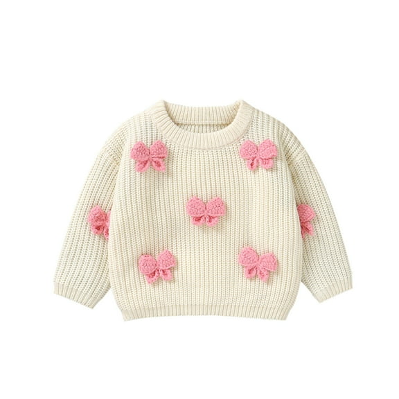 Gpaecead 6M-3T Toddler Baby Girls Toddler Knit Sweater Cute Round Neck Long Sleeve Pullover Sweatshirt Warm Kids Tops White