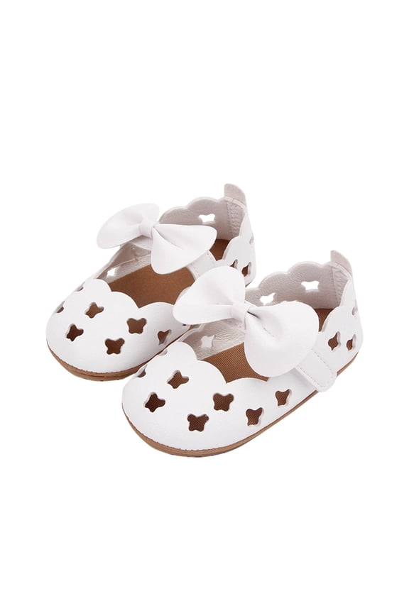 Baby Bow Hollow First Walker Shoes Faux Leather Soft Sole Non Slip Sweat Proof Infant Outdoor Flats For Spring Summer, White