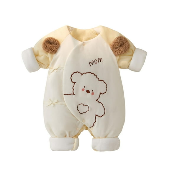 Gpaecead Baby Boys And Girls Winter Cotton Newborn Bear Printed Round Neck Sleepwear Jumpsuit Yellow