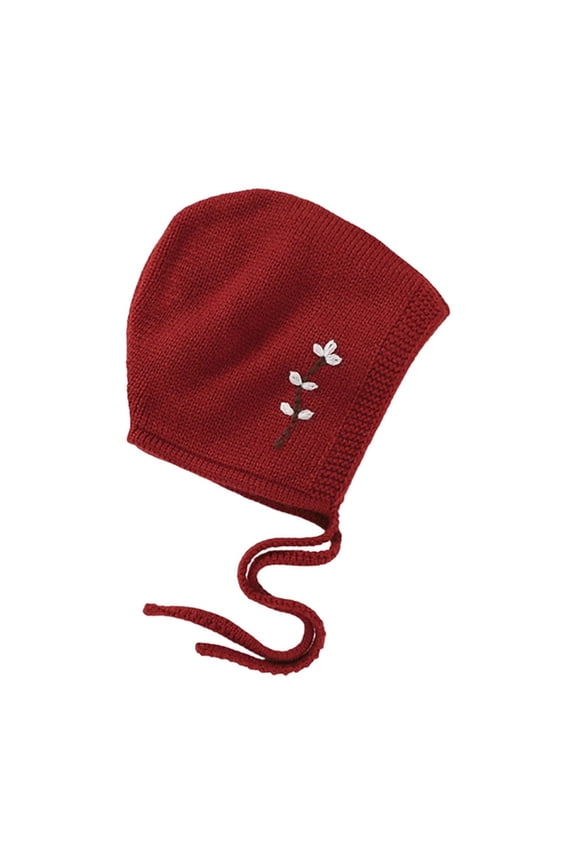 Baby Girls Bonnet Embroidered Cotton Yarn Knitted Hat For Fall Winter 0-18 Months Red