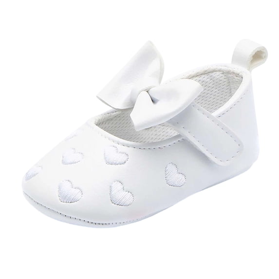 Gpaecead Baby Girls Bow Heart Embroidered Mary Jane Princess Shoes Faux Leather Soft Sole First Walker Flats For Daily Wear White