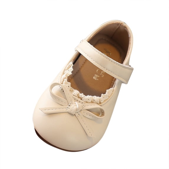 Gpaecead Baby Girls Lace Bow Mary Jane Flats Soft Sole Non Slip Faux Leather Princess Dress Shoes For Toddler First Walker, Beige