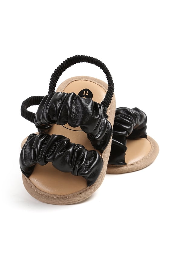 Baby Ruched Double Strap Sandals Soft Sole First Walker Sandals Faux Leather Infant Walking Shoes, Black