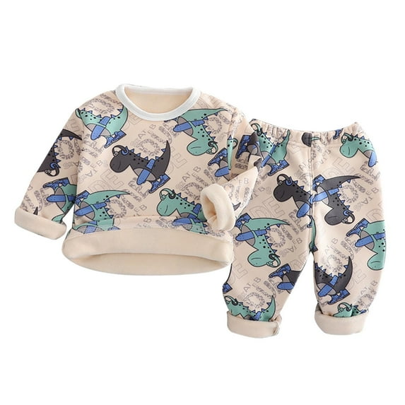 Gpaecead Baby Thermal Underwear Set For Boys Girls Floral Print Thick Winter Outfits Set Baby Clothes Warm Milk Silk Two-Piece Set Beige