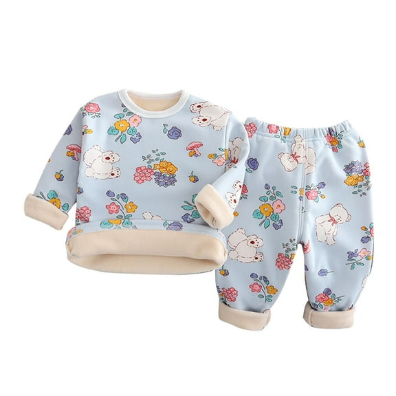 Gpaecead Baby Thermal Underwear Set For Boys Girls Floral Print Thick Winter Outfits Set Baby Clothes Warm Milk Silk Two-Piece Set Blue