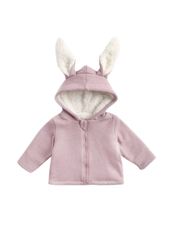 Baby Unisex Cotton Fleece Jacket Full-Zip Hoodies Bunny Ear Hoodie Solid Pullover Toddler Baby Outwear Purple