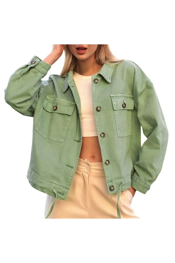 Basic Denim Jean Jacket Women's Casual Long Sleeved Workwear Button Down Stretch Fitted Denim Jacket Green