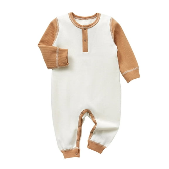Gpaecead Boys And Girls Baby Bodysuit Color Block Button Knitted Long Sleeve Round Neck Jumpsuit Brown