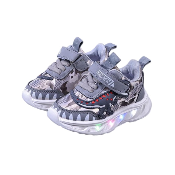 Gpaecead Boys Cartoon Dinosaur Light Up Sports Shoes Mesh Breathable Soft Sole Comfortable Casual Running Sneakers, B-Gray