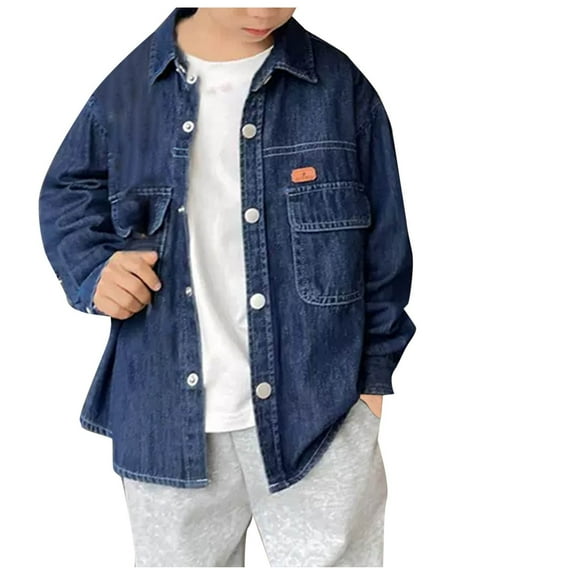 Gpaecead Boys Denim Shirt Long Sleeve Children Jeans Jacket Top Casual Long Sleeve Shirt Blue