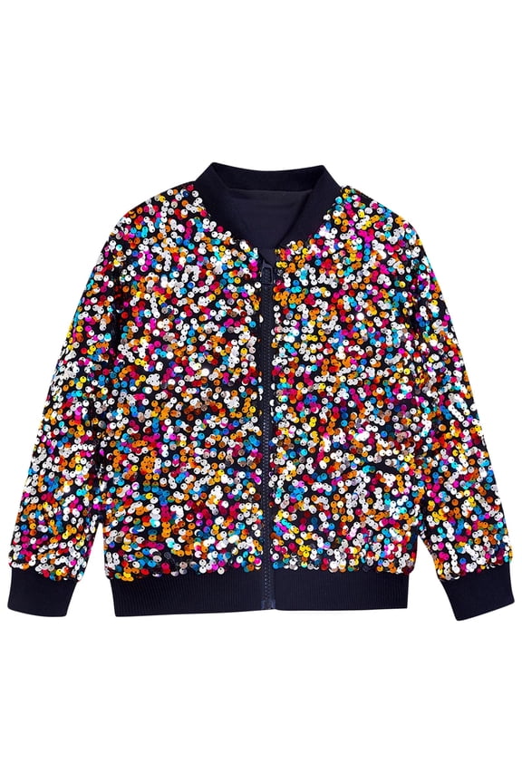 Boys Girls Sparkle Sequin Jacket Glitter Zipper Long Sleeve Bomber Jackets With Pockets For Kids Multicolor