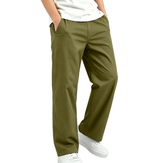 Gpaecead Boys Straight Leg Casual Pants Elastic Waist Cotton Blend Breathable Trousers With Deep Pockets For Travel Lounge Olive Green