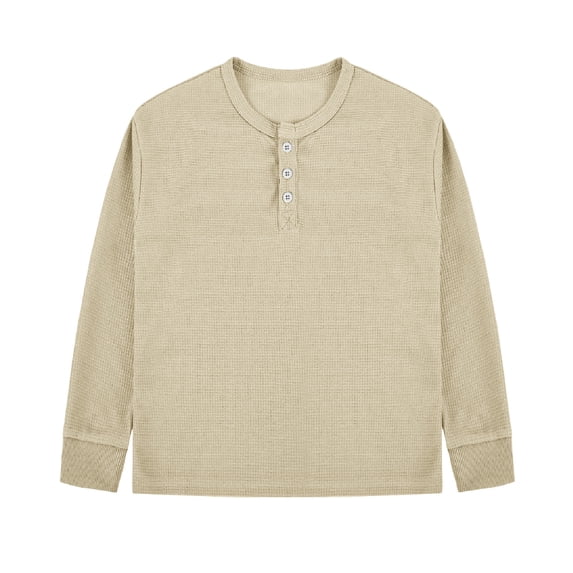 Gpaecead Boys Waffle Knit Henley Long Sleeve Tee Button Down Pullover Top with Ribbed Cuffs for Play Layering Beige