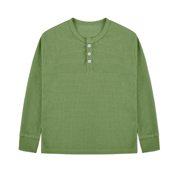 Gpaecead Boys Waffle Knit Henley Long Sleeve Tee Button Down Pullover Top with Ribbed Cuffs for Play Layering Green