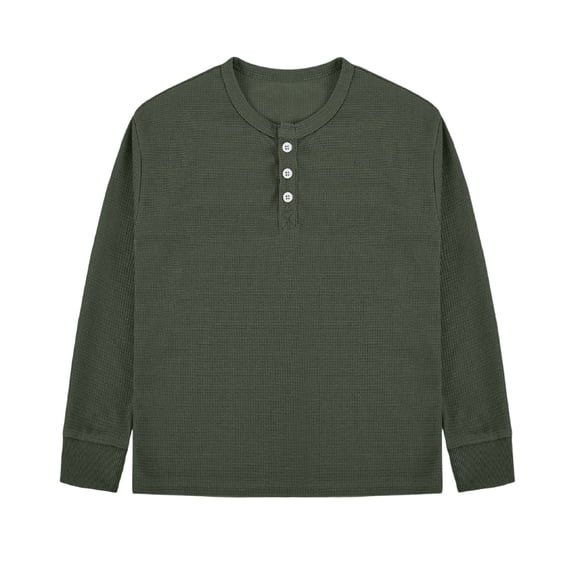 Gpaecead Boys Waffle Knit Henley Long Sleeve Tee Button Down Pullover Top with Ribbed Cuffs for Play Layering Olive Green