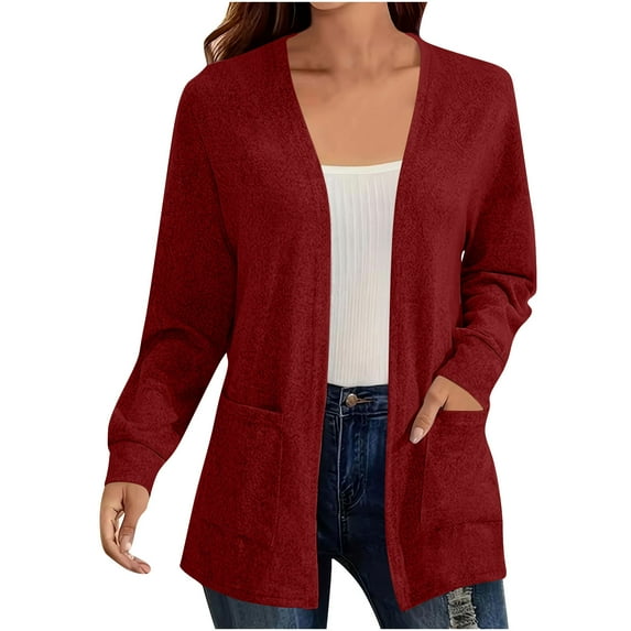 Gpaecead Cardigan Sweaters For Women Open Front Cardigans Casual Loose Fall Sweater With Pockets Red