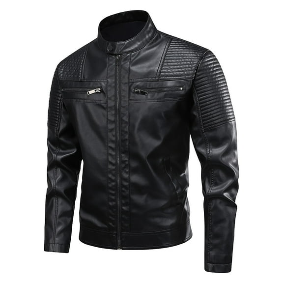 Gpaecead Classic Faux Leather Jacket Men's Matte Leather Long Sleeve Stand Collar With Zipper Blouse Pockets Coat Black