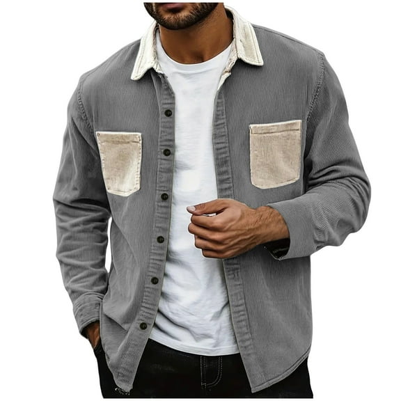 Gpaecead Corduroy Shirts Men's Color Blocked Corduroy Long Sleeved Lapel Shirt Cardigan Shirt Jacket Gray