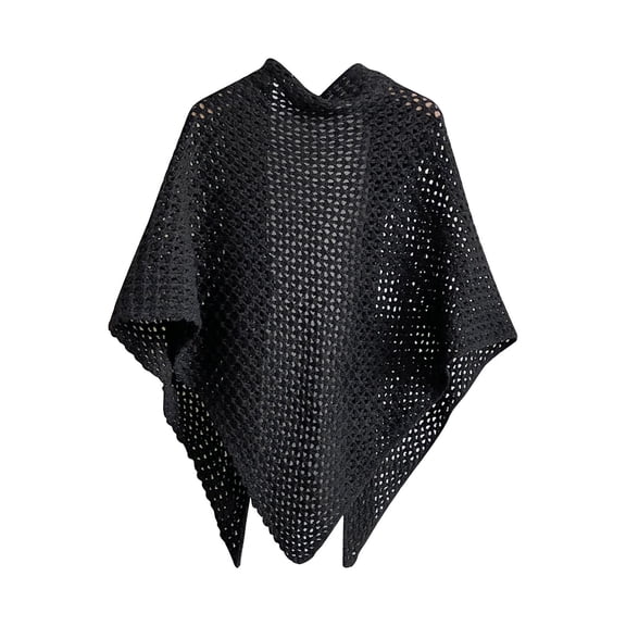 Gpaecead Cut-Out Triangle Cape - Leather Buckle Detail Net Pattern Round Neck Shawl Black