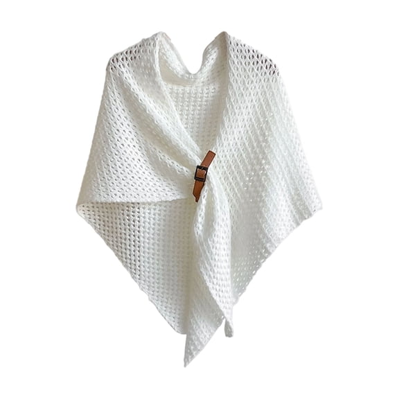 Gpaecead Cut-Out Triangle Cape - Leather Buckle Detail Net Pattern Round Neck Shawl White