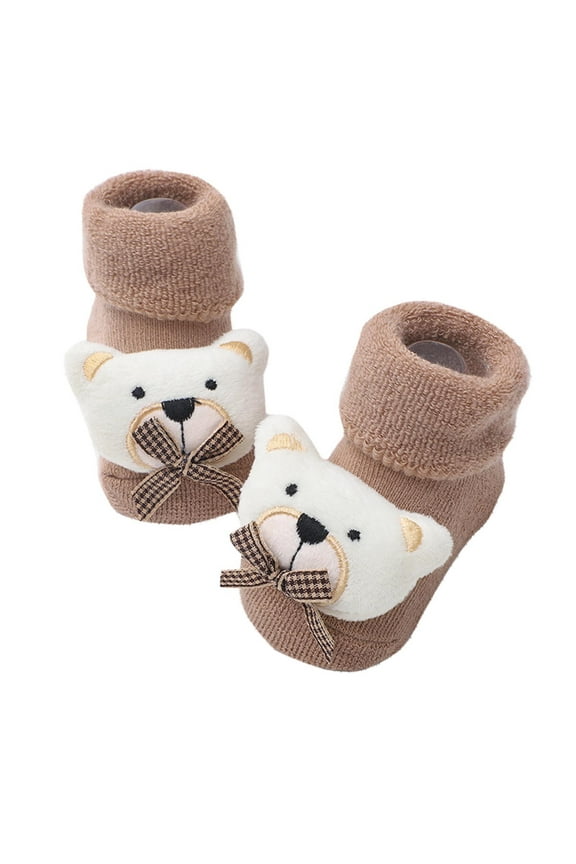 Cute Unisex Baby Socks Cartoon Bear Spring Fall Winter Non Slip Socks Infant Long Knitting Socks 3-12 Months Baby Walking Socks Khaki